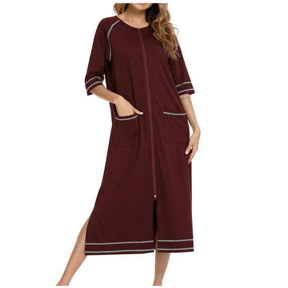 Hvyesh Women Zipper Robe 3/4 Sleeves Cotton Bathrobe Long Sleepwear with Pockets Loungewear Nightgown
