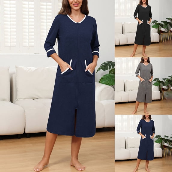 Hvyesh Women Zipper Robe Short Sleeve Housecoat Casual Bathrobes Zip Front Nightgown with Pockets