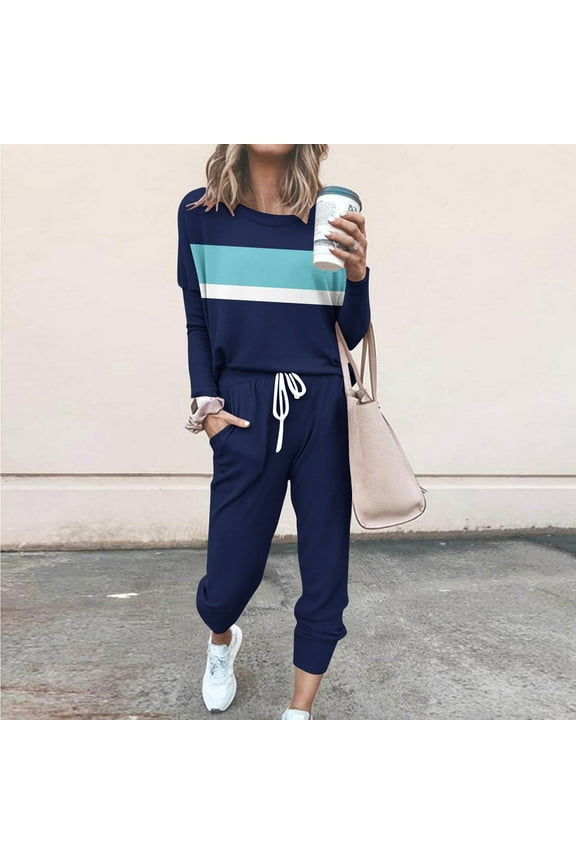 Women's 2 Piece Lounge Set Trendy Color Block Travel Outfits Cozy Tracksuit Loungewear Baggy Comfy Sweatsuit