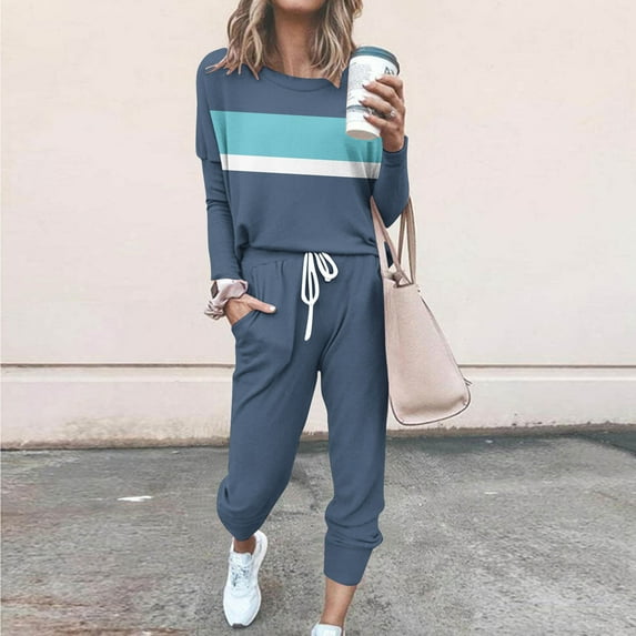 Hvyesh Women's 2 Piece Lounge Set Trendy Color Block Travel Outfits Cozy Tracksuit Loungewear Baggy Comfy Sweatsuit