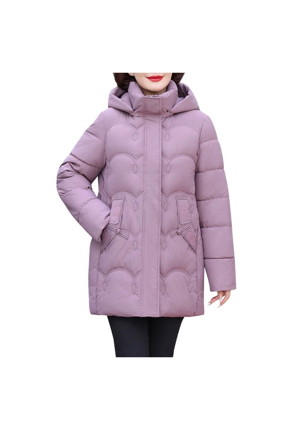 Women's 2025 Winter Coat Long Sleeve Zip Puffer Jacket Pockets Baggy Mid Length Padded Coats Purple XXXL