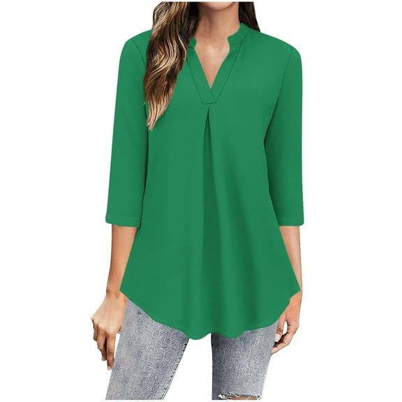 Hvyesh Women's 3/4 Sleeve Blouse Shirt V Neck Dressy Tunic Tops Trendy Pleated Henley Tshirts Summer Going Out Blouses