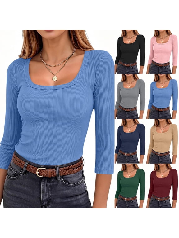 Women's 3/4 Sleeve Scoop Neck Shirts Slim Fit Rib Knit Tops Cozy Workout Tee Fall Winter Baselayer