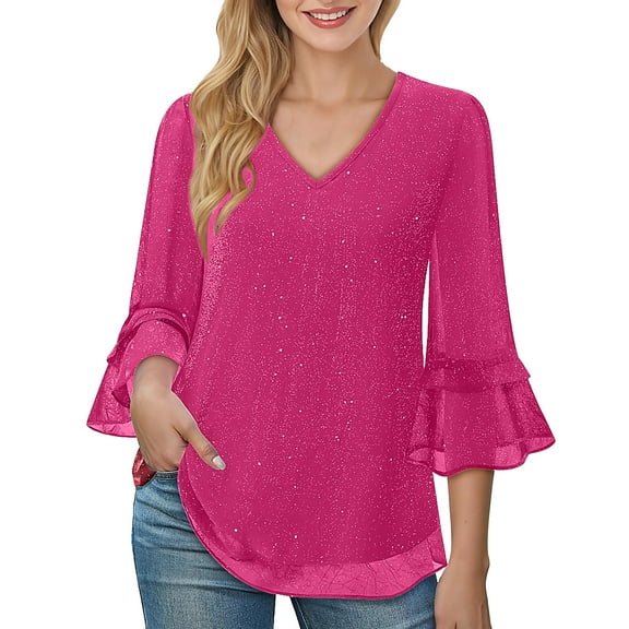 Hvyesh Women's 3/4 Sleeve Sparkly Tops Slim Fit V Neck Tunic Blouse Women Casual Evening Party Top