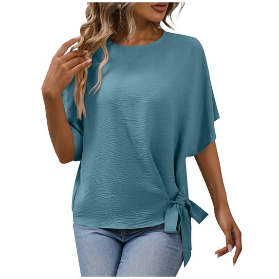 Hvyesh Women's Batwing Sleeve Shirts Round Neck Tie Knot Side Blouse Oversized Textured Tops Solid Color Tee Tunics