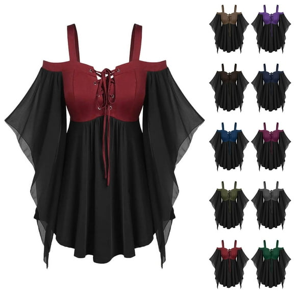 Hvyesh Women's Butterfly Sleeve Gothic Dress Cold Shoulder Halloween Costumes Medieval Steampunk Dress Black Witch Dresses