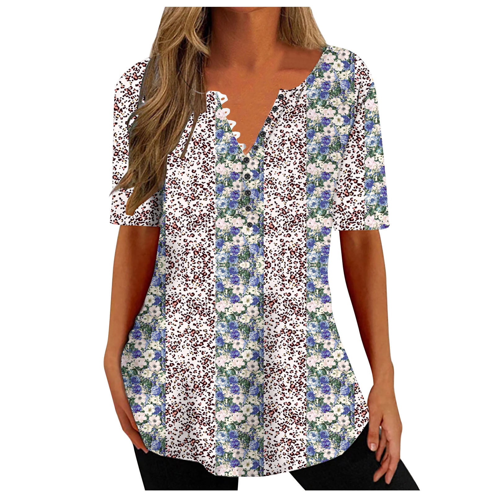 Hvyesh Women's Button V Neck Tunic Shirts Cute Graphic Print Henley ...