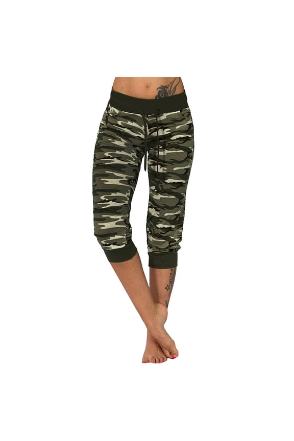 Women's Camo Capri Pants Hiking Capris Pants Skinny Drawstring Waist Cropped Jogger Pants Causal Gym Leggings