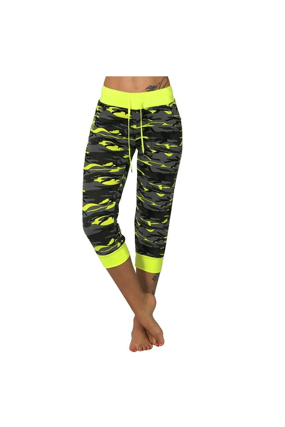 Women's Camo Capri Pants Hiking Capris Pants Skinny Drawstring Waist Cropped Jogger Pants Causal Gym Leggings