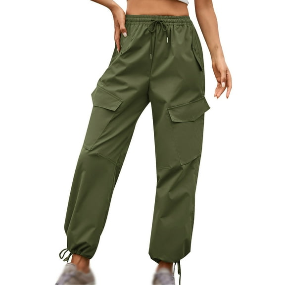 Hvyesh Women's Cargo Pants Baggy Summer Hiking Parachute Pants High Waisted Drawstring Ankle Cuffs Trouser Hiking Workout Pant Army Green S