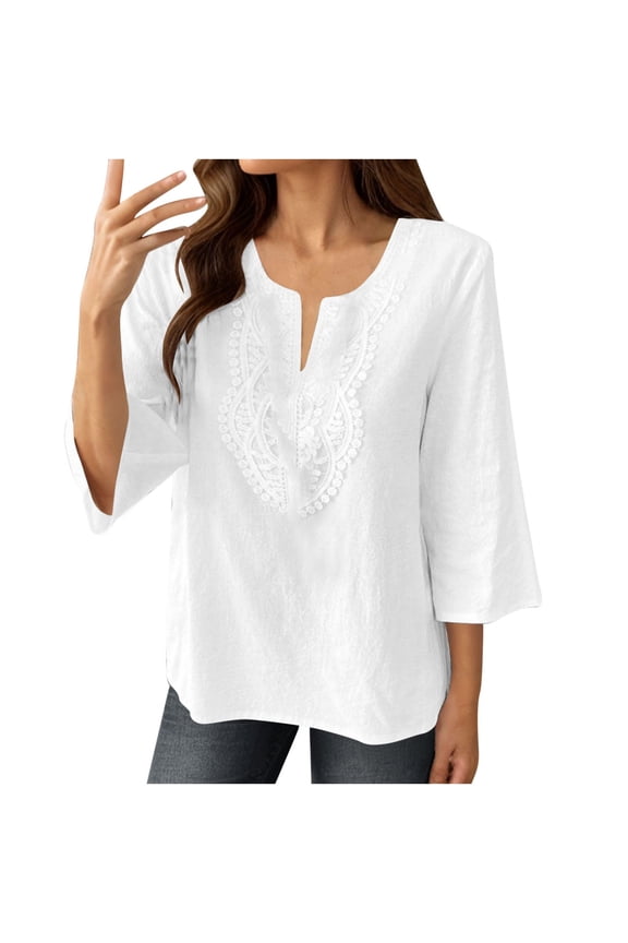 Women's Casual 3/4 Sleeve Blouses Soft Cotton Linen Tops V Neck Layered Embroidery Tunic Shirts