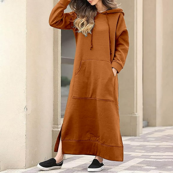 Hvyesh Women's Casual Hoodies Long Dress Plus Size Long Sleeve Split Hooded Long Maxi Sweatshirt Dress With Pocket 2025 Spring Trendy Clothings