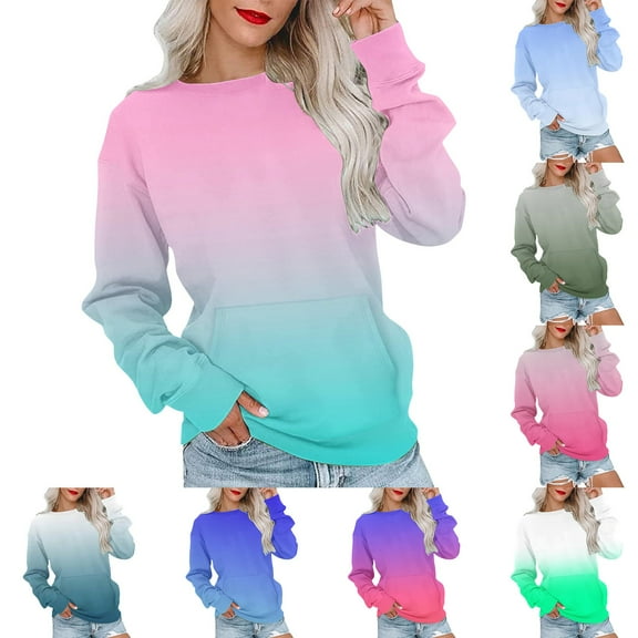 Hvyesh Women's Casual Long Sleeve Shirts Color Block Solid Blouses Crewneck Sweatshirts Cute Loose Fit Pullovers Tops with Pockets