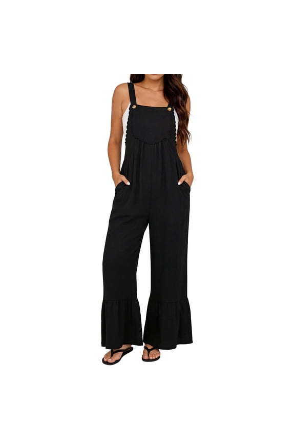 Women's Casual Overalls Loose Fit Wide Leg Ruffle Jumpsuits Summer Boho Baggy Rompers with Pockets