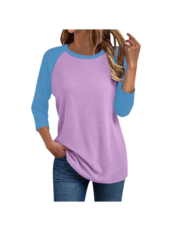 Women's Casual T-Shirts 3/4 Sleeve Color Block Cute Tops Plus Size Tunic Blouses
