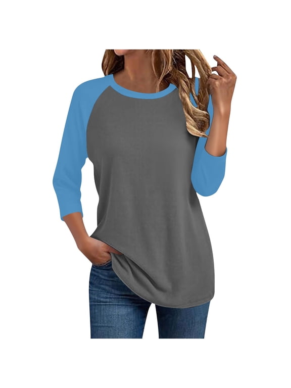 Women's Casual T-Shirts 3/4 Sleeve Color Block Cute Tops Plus Size Tunic Blouses