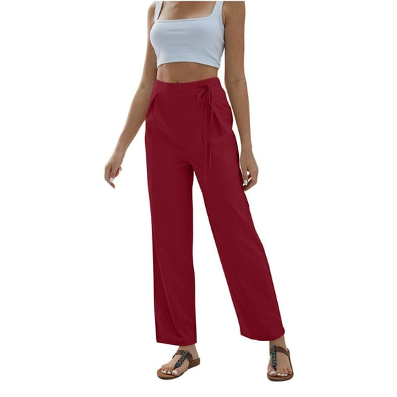 Hvyesh Women's Casual Wide Leg Pants Flowy Adjustable Tie Knot Elastic Waist Pants with Pockets,Womens Pants Under $20 Red,XL