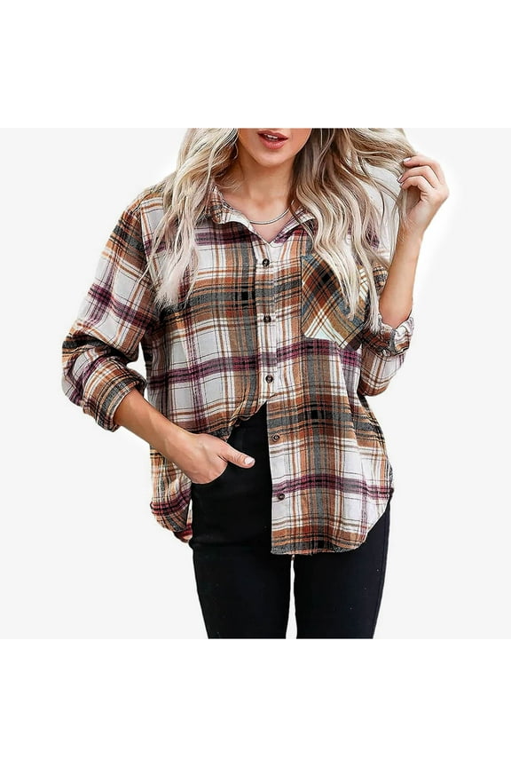 Women's Classic Button Down Western Plaid Shirt Long Sleeve Boyfriend Blouses Loose Work Tee Shirt