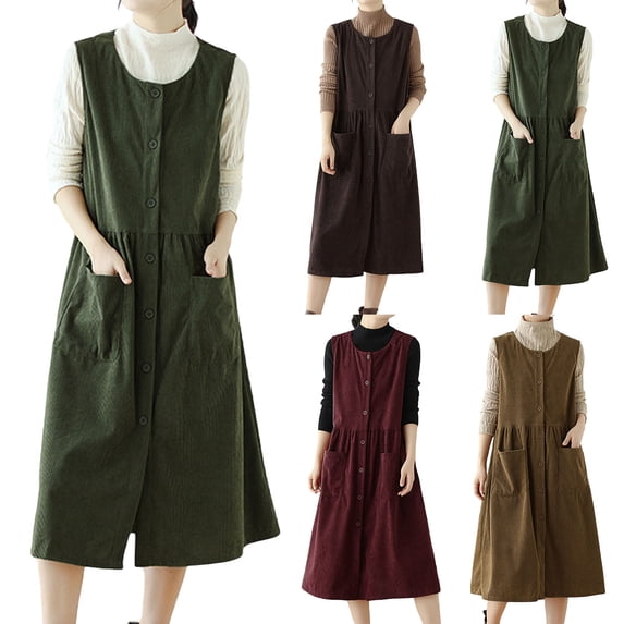 Hvyesh Women's Corduroy Button Down Tank Dress Crewneck Over Knee Long Overall Dress Casual Jumper Long Dress with Pockets