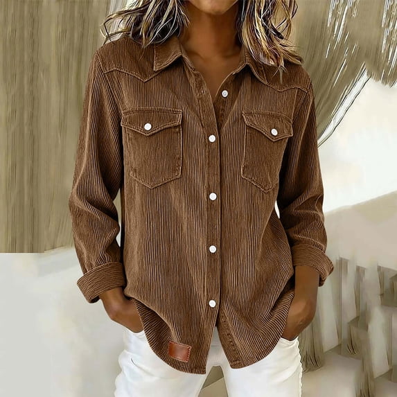Hvyesh Women's Corduroy Shirt Jacket Shacket Button Down Long Sleeve Oversized Blouse Regular Fit Solid Coats with Pockets