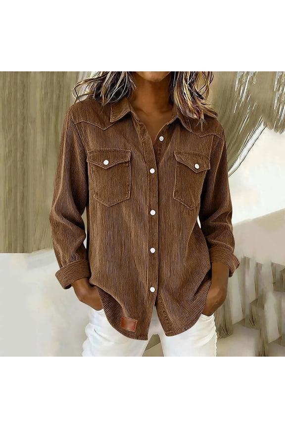 Women's Corduroy Shirt Jacket Shacket Button Down Long Sleeve Oversized Blouse Regular Fit Solid Coats with Pockets