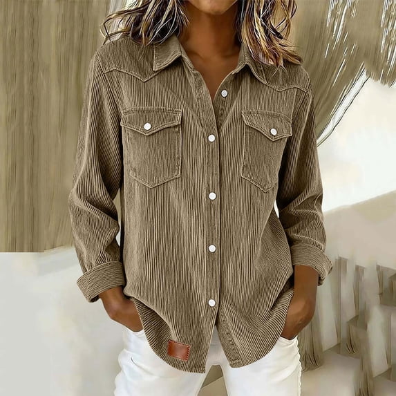 Hvyesh Women's Corduroy Shirt Jacket Shacket Button Down Long Sleeve Oversized Blouse Regular Fit Solid Coats with Pockets