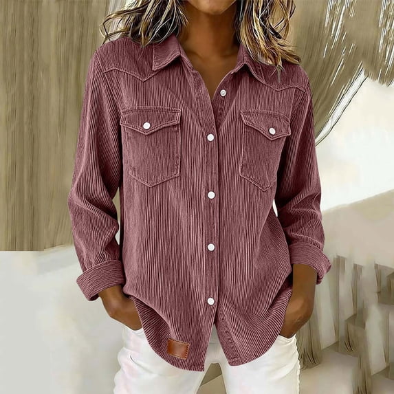 Hvyesh Women's Corduroy Shirt Jacket Shacket Button Down Long Sleeve Oversized Blouse Regular Fit Solid Coats with Pockets