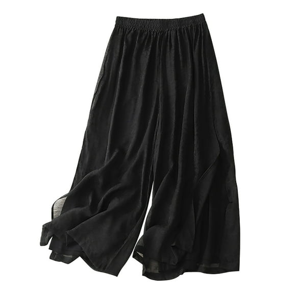 Hvyesh Women's Cotton Linen Dress Pants Beach Wide Leg Palazzo Pants Elastic Waist Trouser Lightweight Yoga Pants