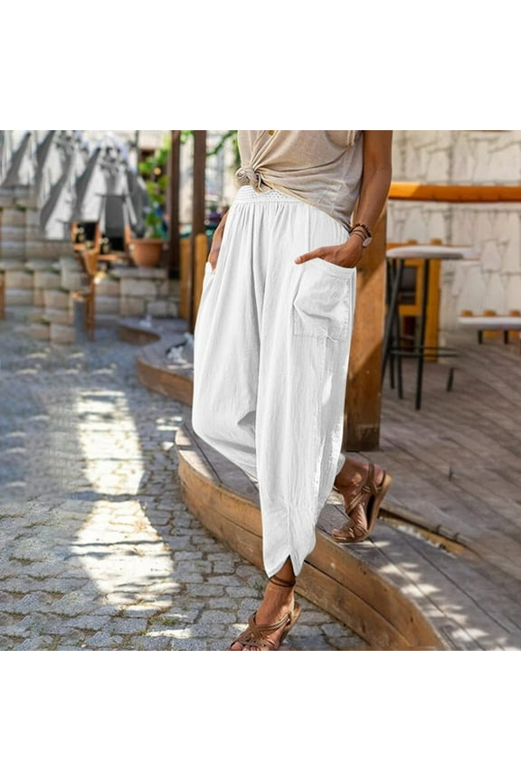 Women's Cotton Linen Pants with Pockets Elastic Waist Baggy Trousers 2025 Casual Breathable Petal Hem Solid Color Pant Women Pants