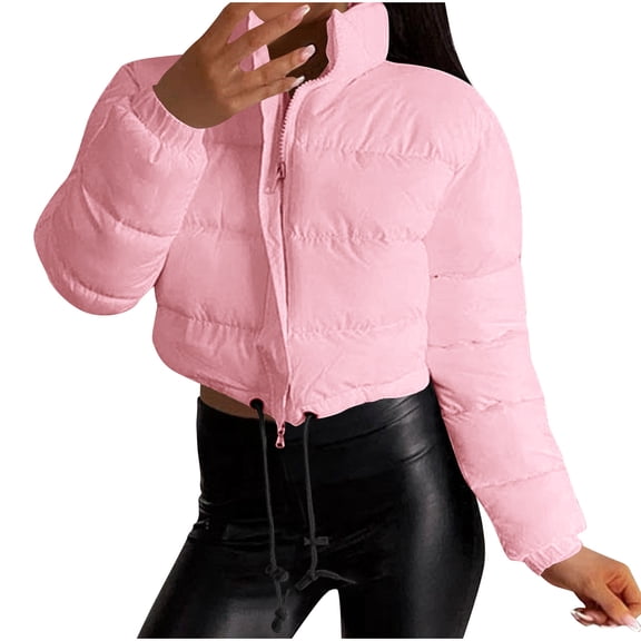 Hvyesh Women's Cropped Puffer Jackets Trendy Zipper Up Baggy Short Outwear Coats Bandana Stand Collar Puffer Coats Soft Padded Jacket with Pockets