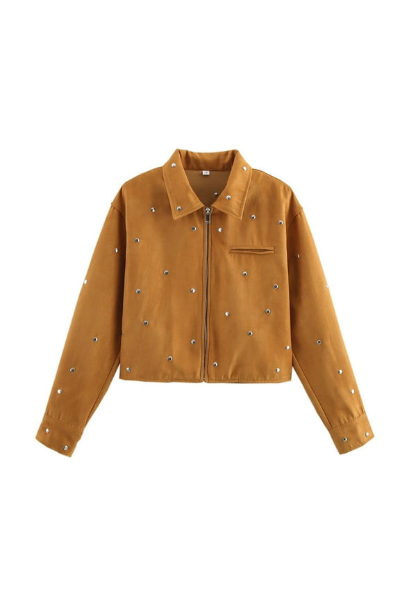 Women's Cropped Suede Leather Jacket Fashion Motorcycle Bomber Jackets Dressy Rhinestone Y2k Short Coats Fall Winter Coats for Women