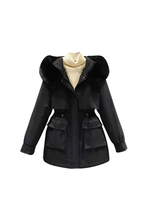 Women's Cute Solid Mid-Length Parka Winter Drawstring Hooded Outerwear Jacket Soft Thicken Warm Snow Coat