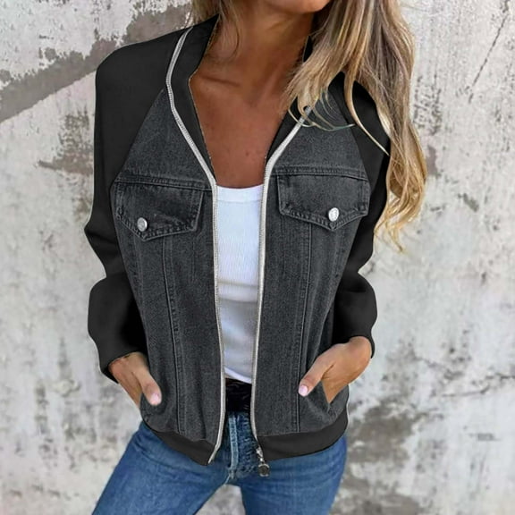 Hvyesh Women's Denim Jackets Casual Zip Up Long Sleeve Bomber Jackets 2025 Fall Trendy Patchwork Jean Jacket Y2K Streetwear Black