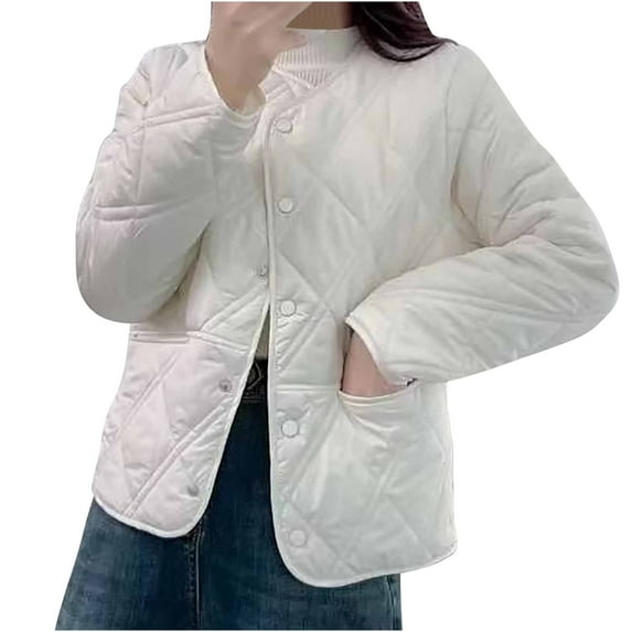 Hvyesh Women's Diamond Quilted Jackets Lightweight Casual Bomber Jacket Warm Winter Coats Cute Button Down Coat with Pockets