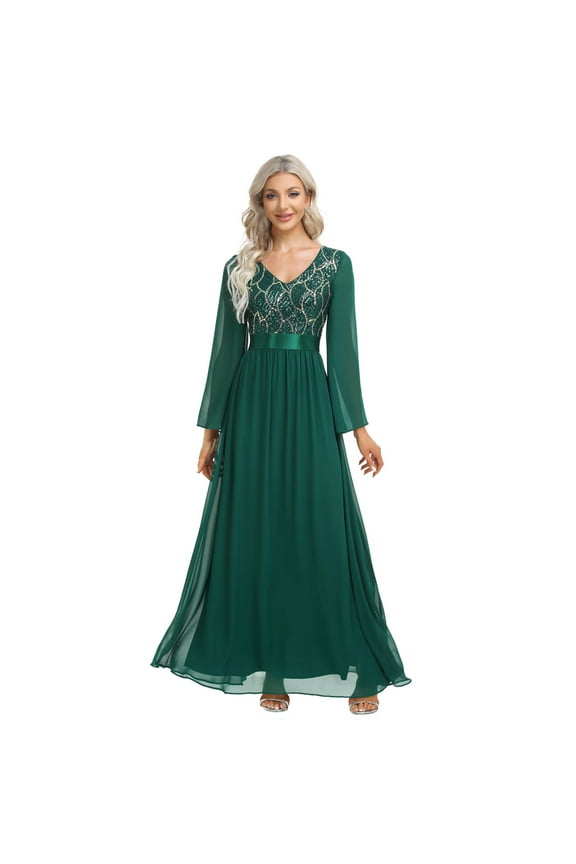 Women's Elegant V-Neck Long Sleeve A-line Chiffon Floor Length Mother of The Bride Dress Women Long Formal Dresses Sequin Prom Dresses