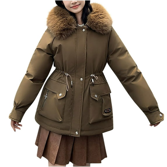 Hvyesh Women's Faux Fur Hood Parka Jacket Trendy Zipper Drawstring Winter Coat Casual Solid Outwear Jacket Soft Thicken Warm Snow Coat