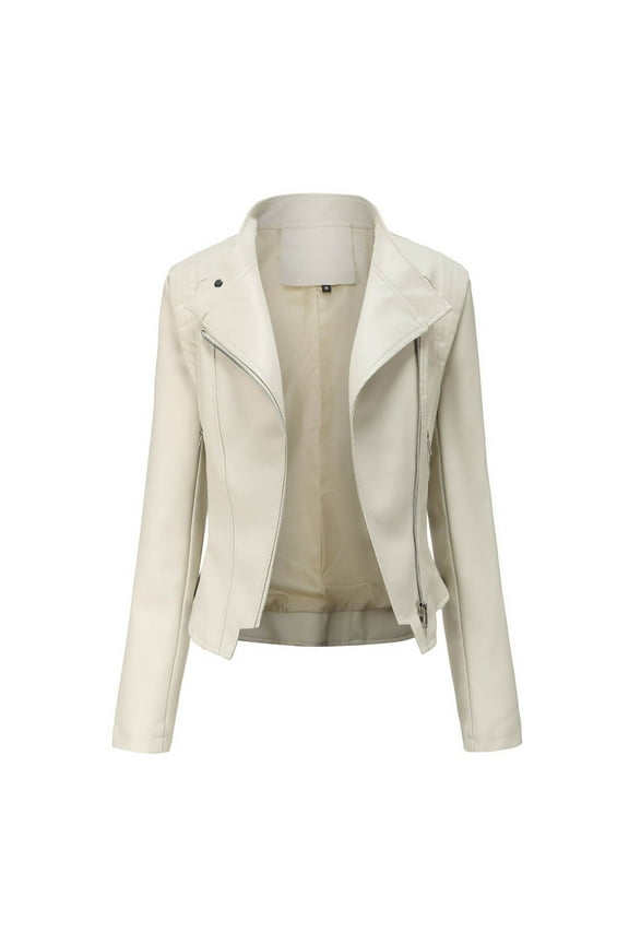 Women's Faux Leather Moto Jacket Casual Solid Color PU Biker Coat Trendy Laple Collar Zipper Jackets with Pockets Beige