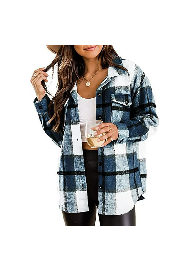 Women's Flannel Plaid Shacket Long Sleeve Button Down Shirts Jacket Coats Trendy Lapel Neck Warm Coat with Side Pockets