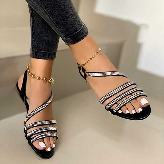 Hvyesh Women's Flat Strappy Sandals Heels Rhinestone Beach Sandals Open Toe Ankle Strap Bridal Dress Wedding Shoes For Women