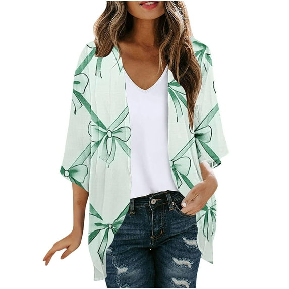Hvyesh Women's Floral Print Puff Sleeve Kimono Cardigan Loose Cover Up Casual 3/4 Sleeve Open Front Blouse Tops