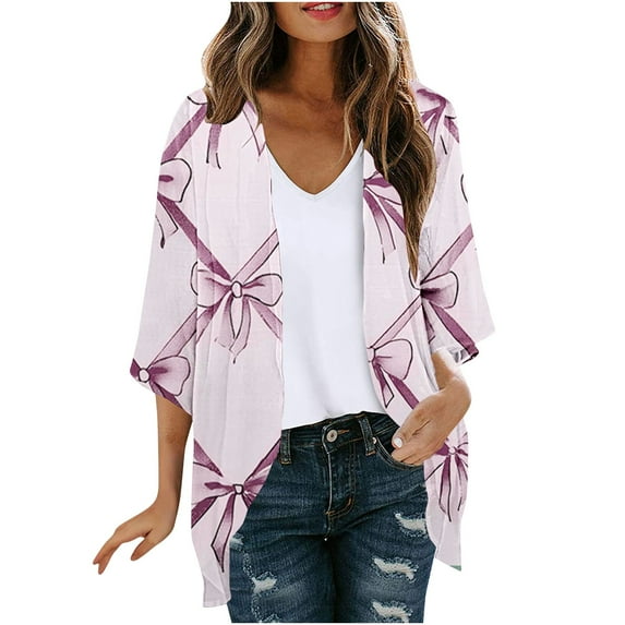Hvyesh Women's Floral Print Puff Sleeve Kimono Cardigan Loose Cover Up Casual 3/4 Sleeve Open Front Blouse Tops