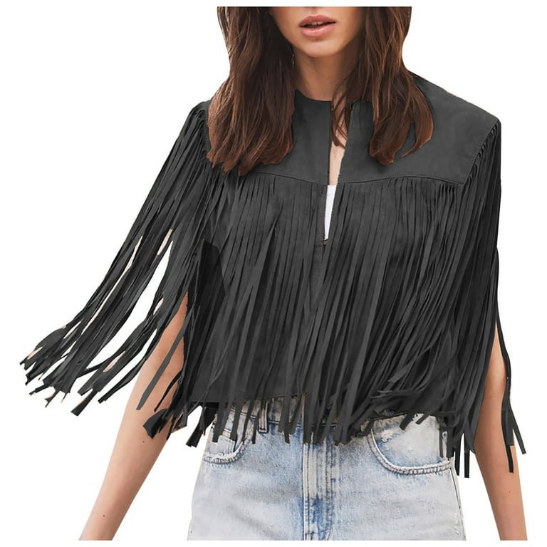 Hvyesh Women's Fringe Vest Fringe Leather Jackets - Suede