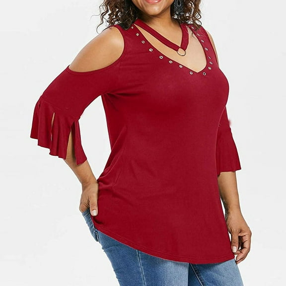 Hvyesh Women's Goth Plus Size T-Shirt Summer Cold Shoulder Short Sleeve Blouse Tops Casual V Neck Loose Fit Tunic Tops