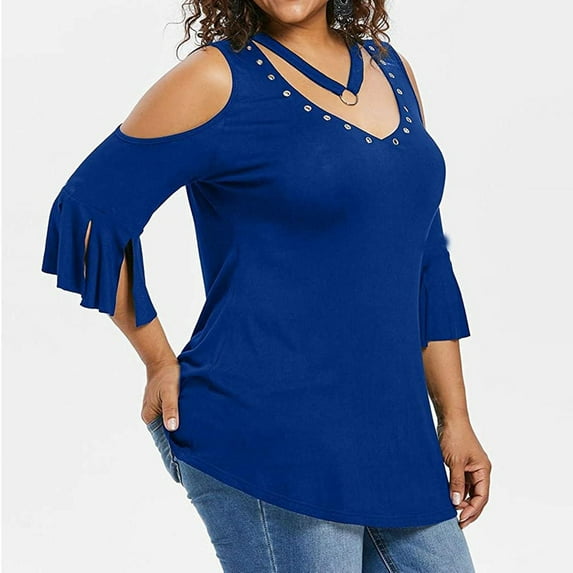 Hvyesh Women's Goth Plus Size T-Shirt Summer Cold Shoulder Short Sleeve Blouse Tops Casual V Neck Loose Fit Tunic Tops