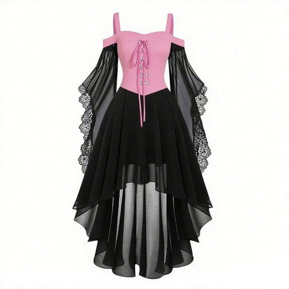 Hvyesh Women's Gothic Dress Renaissance Trumpet Sleeves Dress Trendy Cold Shoulder Medieval Long Dress