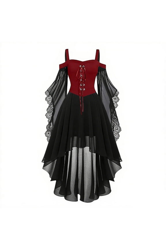 Women's Gothic Dress Renaissance Trumpet Sleeves Dress Trendy Cold Shoulder Medieval Long Dress