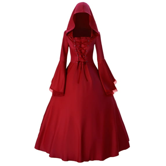 Hvyesh Women's Gothic Victorian Witch Vampire Dress Medieval Renaissance Halloween Cosplay Hooded Costume
