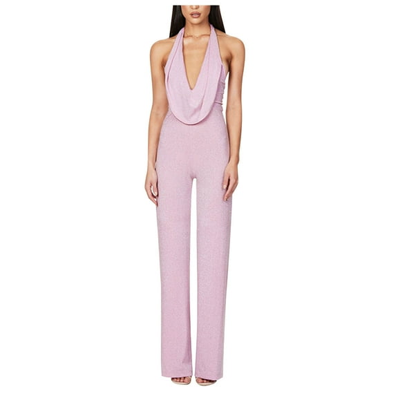 Hvyesh Women's Halter Cowl Neck Sparkly Jumpsuits Clubwear Sleeveless Elegant Sequins Bodycon Wide Leg Pants Rompers