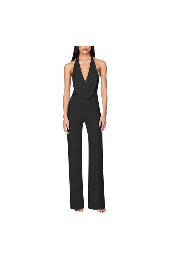 Women's Halter Cowl Neck Sparkly Jumpsuits Clubwear Sleeveless Elegant Sequins Bodycon Wide Leg Pants Rompers