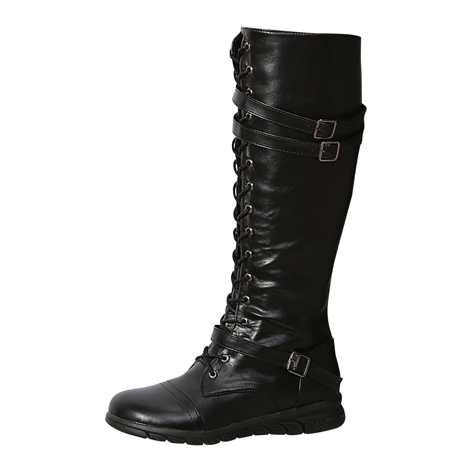 【WOOHWA】GARTER-BUCKLE BOOTS-CUT PT Hvyesh Women's Lace Up Combat Boots Thick Soled Knee High